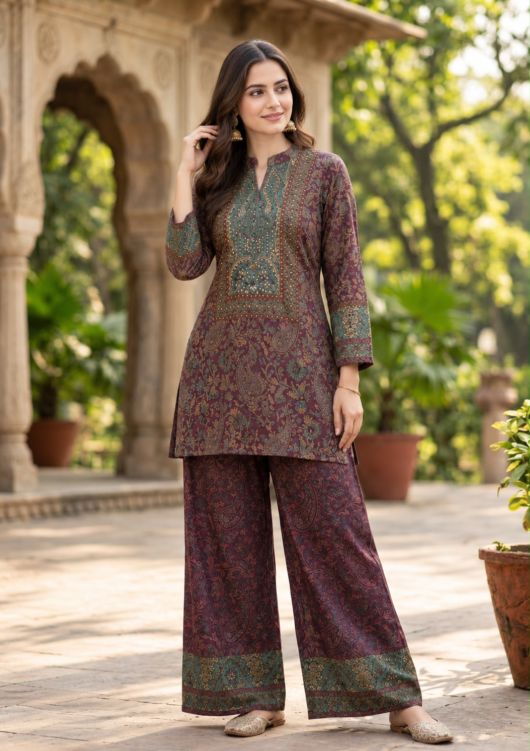 Wine Natural Crepe Co-ord Set with Handwork Yoke Kurta & Printed Palazzo