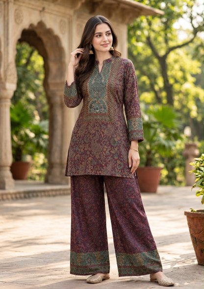 Wine Natural Crepe Co-ord Set with Handwork Yoke Kurta & Printed Palazzo