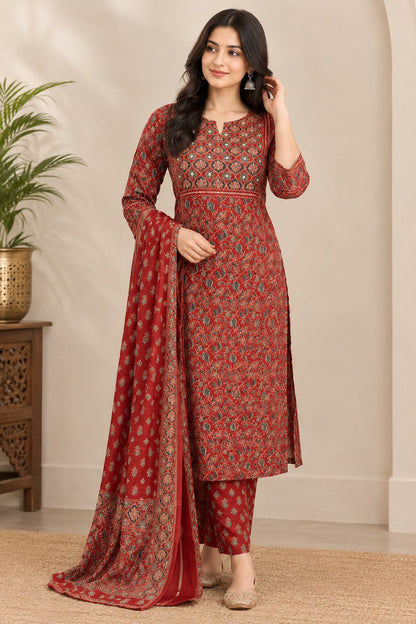 Maroon Ajrakh Print Cotton Suit Set | Festive & Everyday Wear for Women