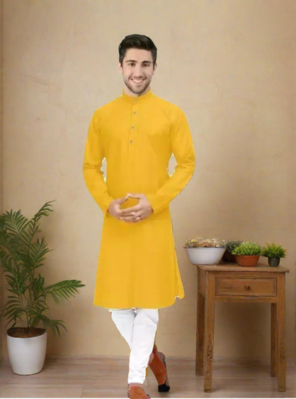 Men Yellow Ethnic Cotton Kurta