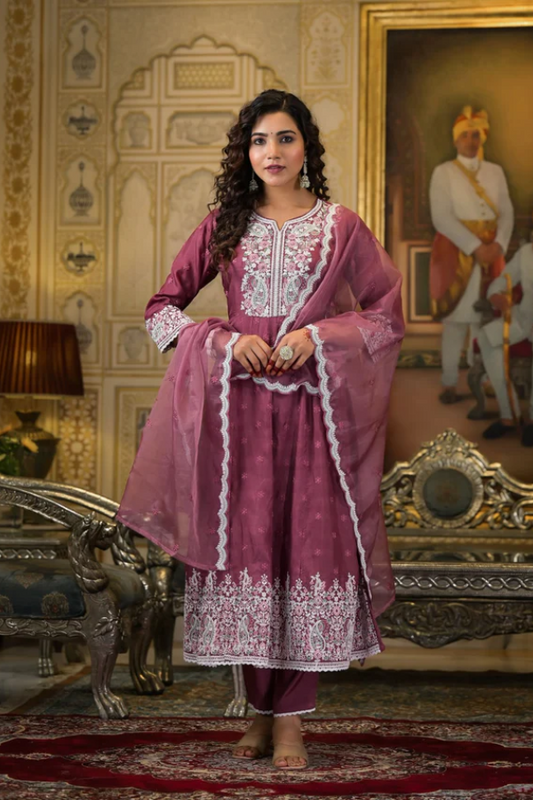 Purple Dola Silk Anarkali Suit Set with Exquisite Embroidery – Elegant Ethnic Wear for Women - Nakh Clothing