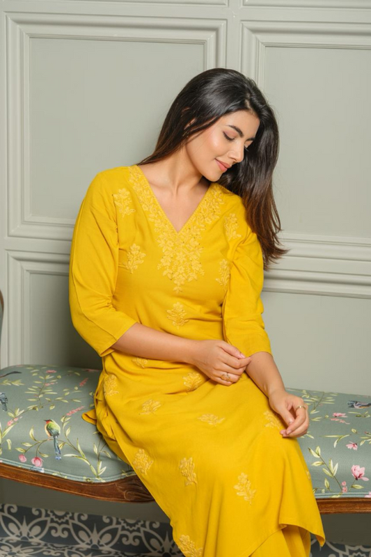 Mustard Chikankari Rayon 2-Piece Set | Embroidered Kurta with Crochet Lace Palazzo
