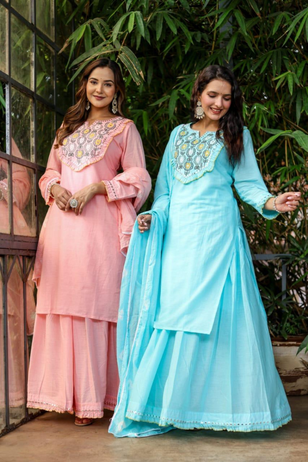 Mul Cotton Skirt Suit Set with Handwork - Festive Wear - Nakh Clothing