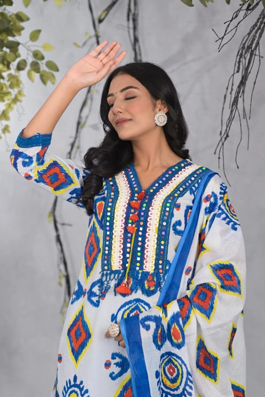 Blue & White Cotton Ikkat 3-Piece Suit Set | Handwork Kurta with Dupatta & Palazzo