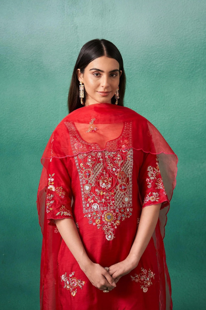 Red Dola Silk Partywear 3PC Set | Embroidered Kurta, Pants & Organza Dupatta