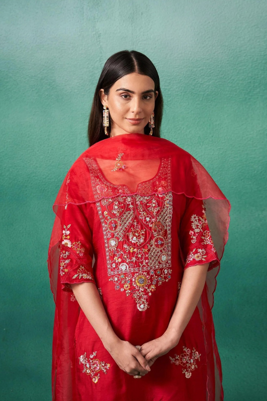 Red Dola Silk Partywear 3PC Set | Embroidered Kurta, Pants & Organza Dupatta