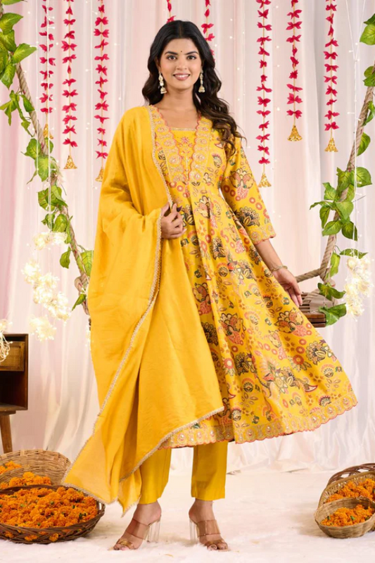 Vibrant Yellow Muslin Modal Anarkali Suit Set with Elegant Embroidery – Perfect Festive & Wedding Ethnic Wear - Nakh Clothing