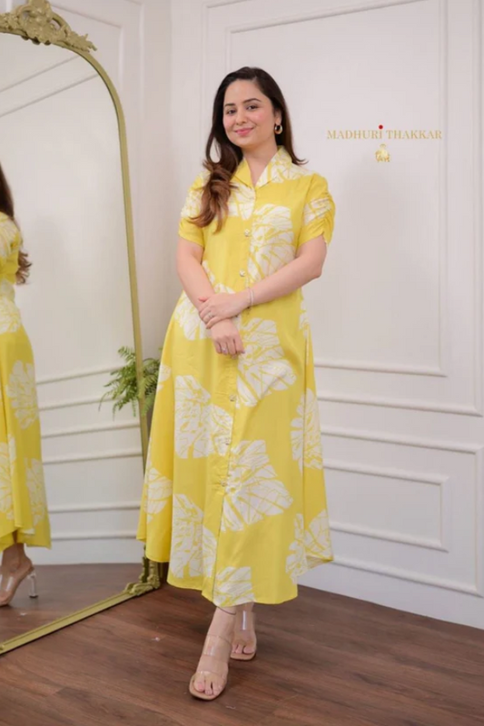 Yellow Cotton A-Line Dress with Leaf Print – Casual Ethnic Summer Wear for Women