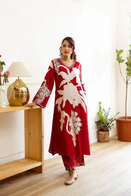 Red German Rayon Kurta Set with Palazzo for Women - Nakh Clothing