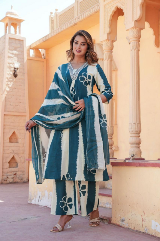 Blue & White Hand-Embroidered A-Line Cotton Suit Set | Elegant Ethnic Wear