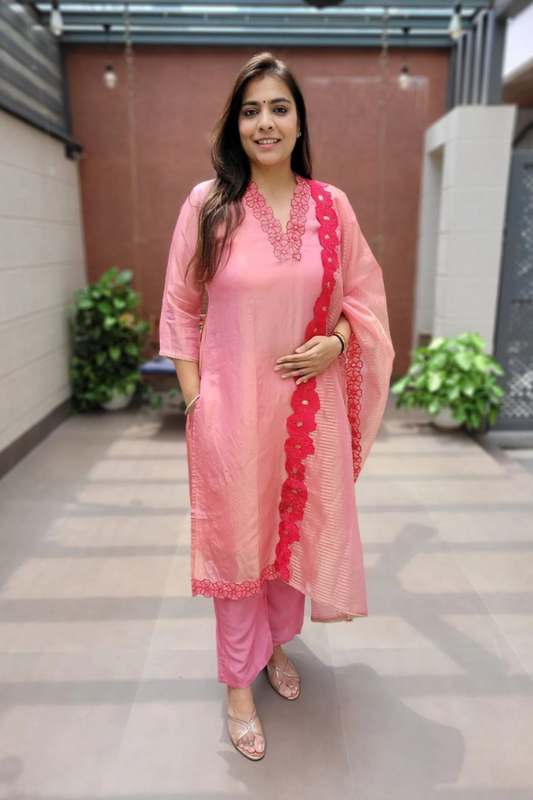 Pink Tissue Shimmer 3-Piece Suit Set | Embroidery Kurta with Appliqué Dupatta & Pants