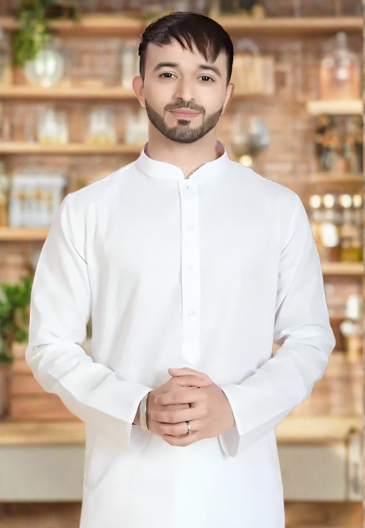 Men's Cotton Solid White Long Kurta - Nakh Clothing
