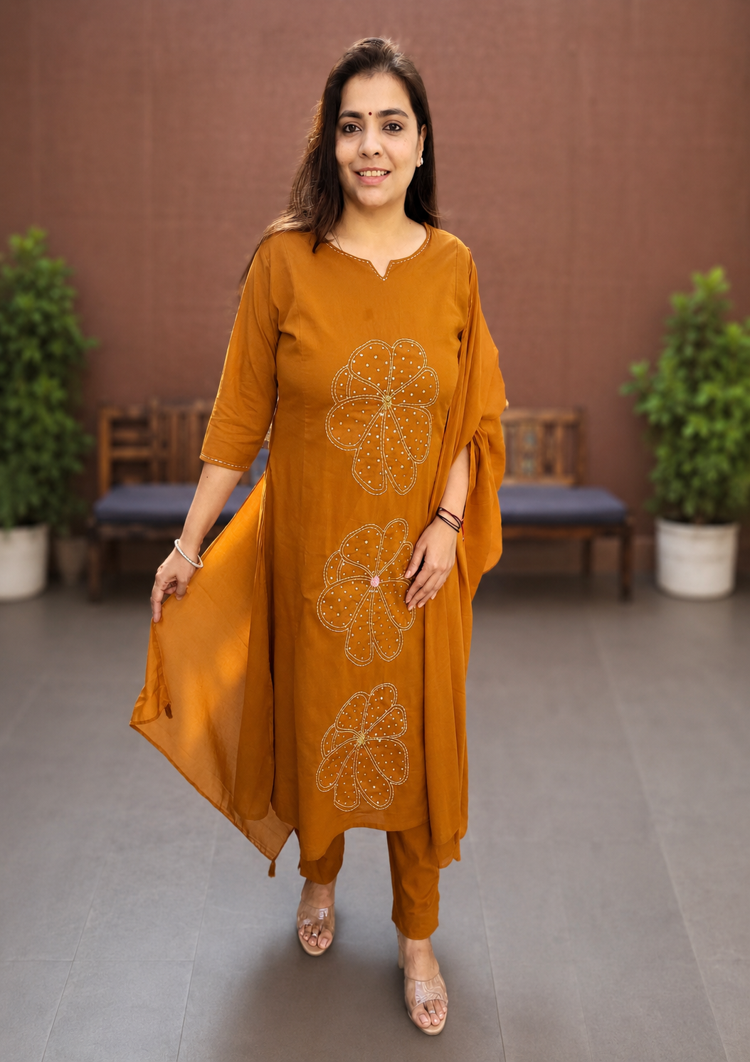 Rust Cotton Silli Embroidered A-Line Kurta Set for Women