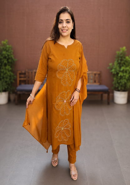 Rust Cotton Silli Embroidered A-Line Kurta Set for Women - Nakh Clothing