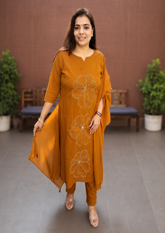 Rust Cotton Silli Embroidered A-Line Kurta Set for Women