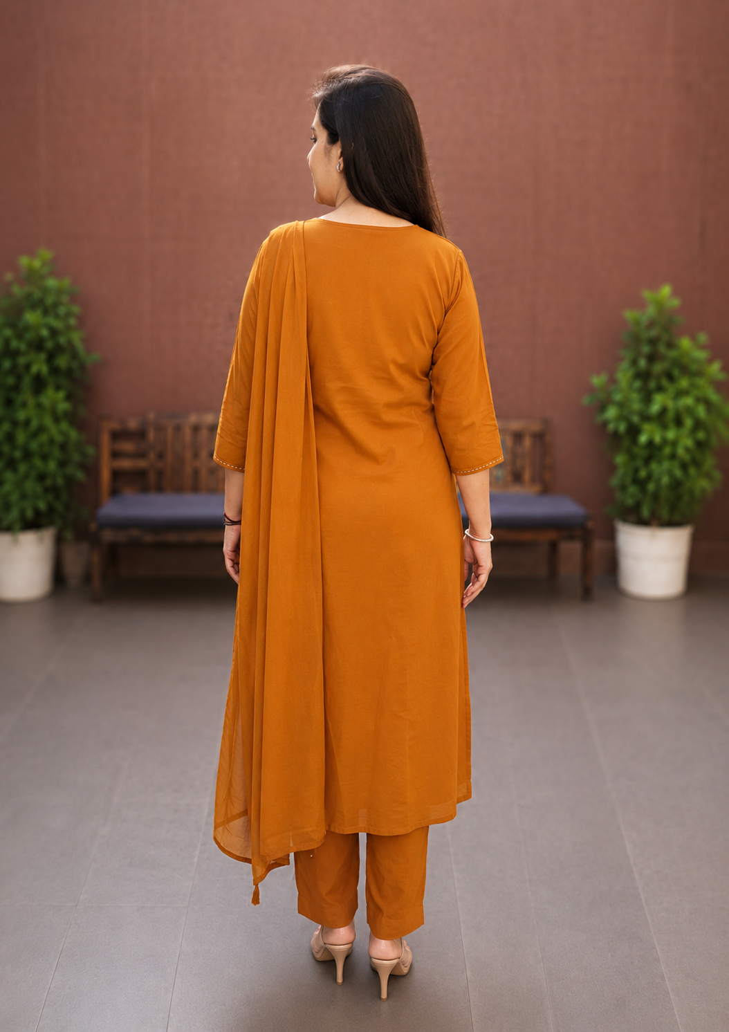 Rust Cotton Silli Embroidered A-Line Kurta Set for Women