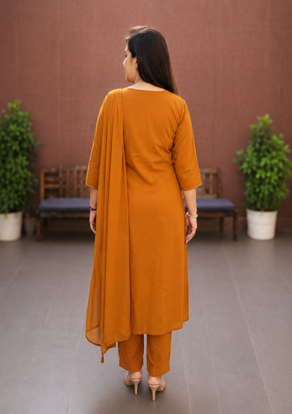 Rust Cotton Silli Embroidered A-Line Kurta Set for Women - Nakh Clothing
