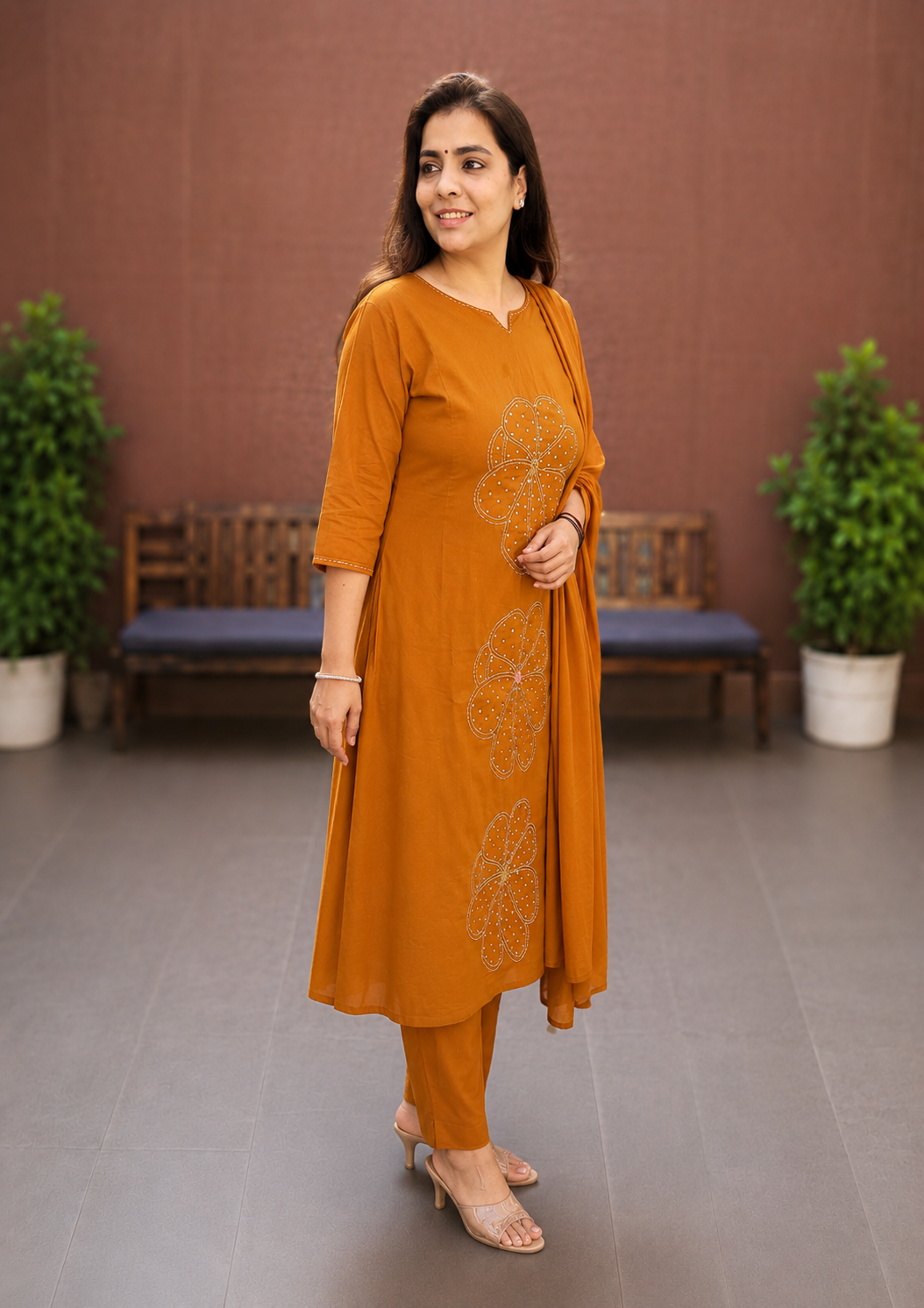 Rust Cotton Silli Embroidered A-Line Kurta Set for Women