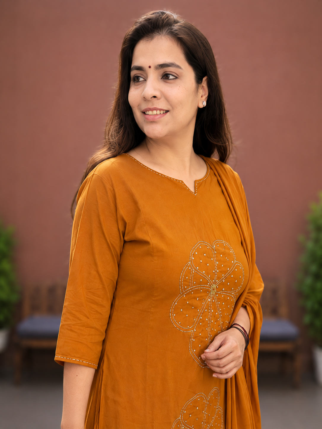 Rust Cotton Silli Embroidered A-Line Kurta Set for Women