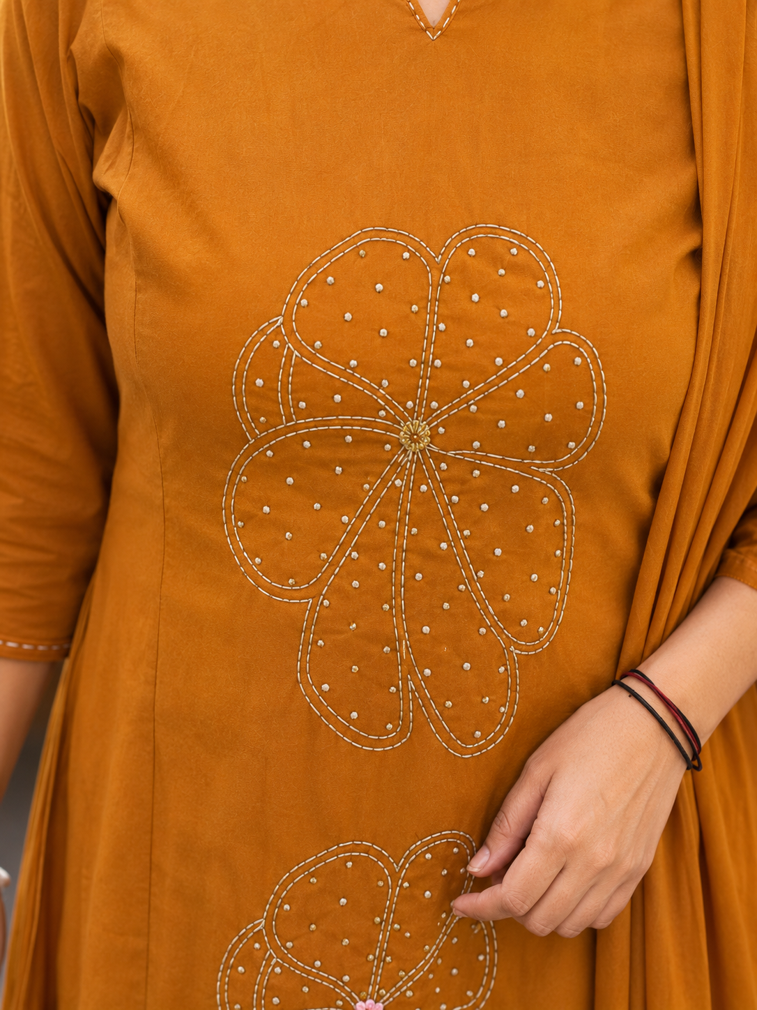 Rust Cotton Silli Embroidered A-Line Kurta Set for Women