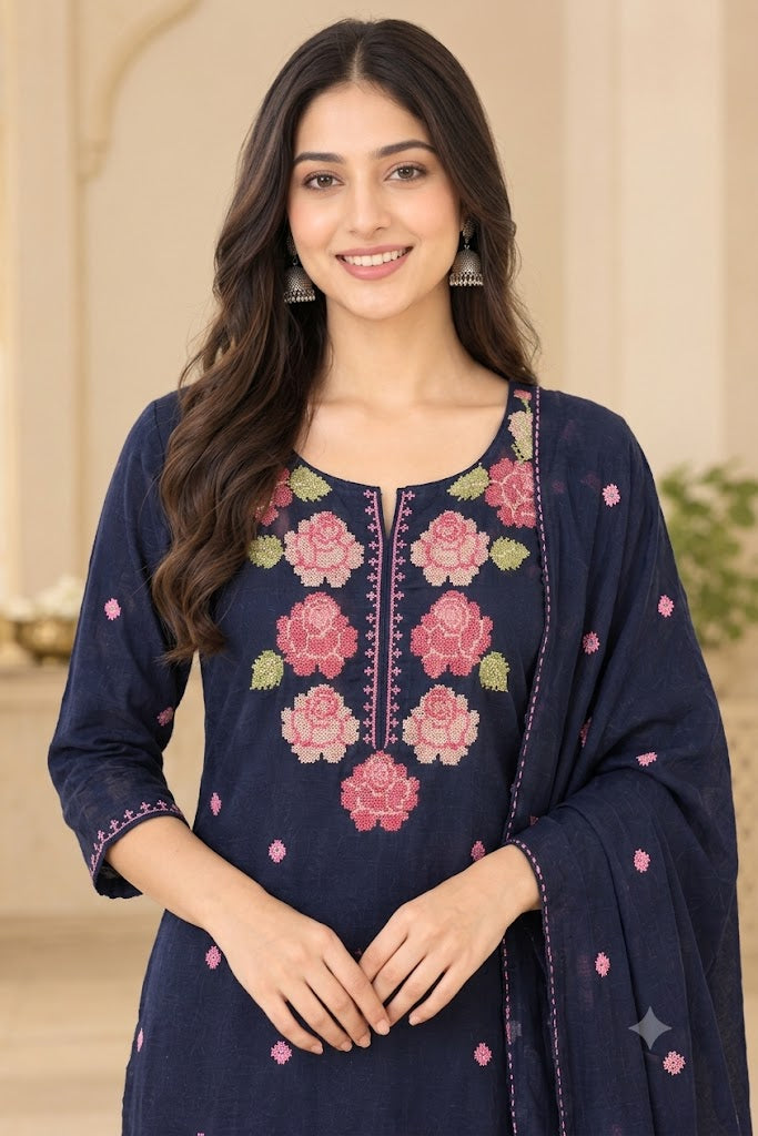 Navy Blue Rose Embroidered Cotton Suit Set | Festive & Everyday Wear for Women