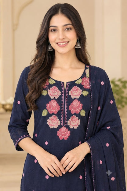 Navy Blue Rose Embroidered Cotton Suit Set | Festive & Everyday Wear for Women