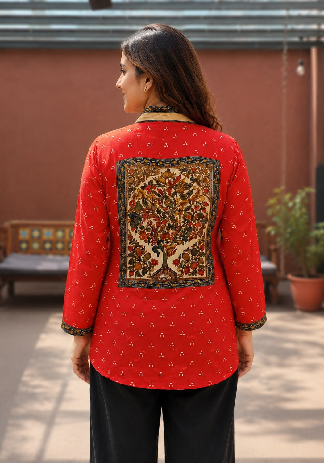 Rust Natural Crepe Tunic for Women | Bandhani Print with Tree Motif - Nakh Clothing