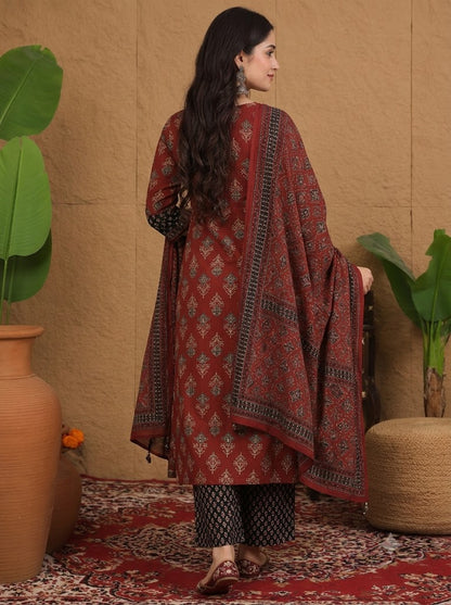 Maroon Cotton Ajrakh Print Kurta Set with Palazzo & Dupatta - Nakh Clothing