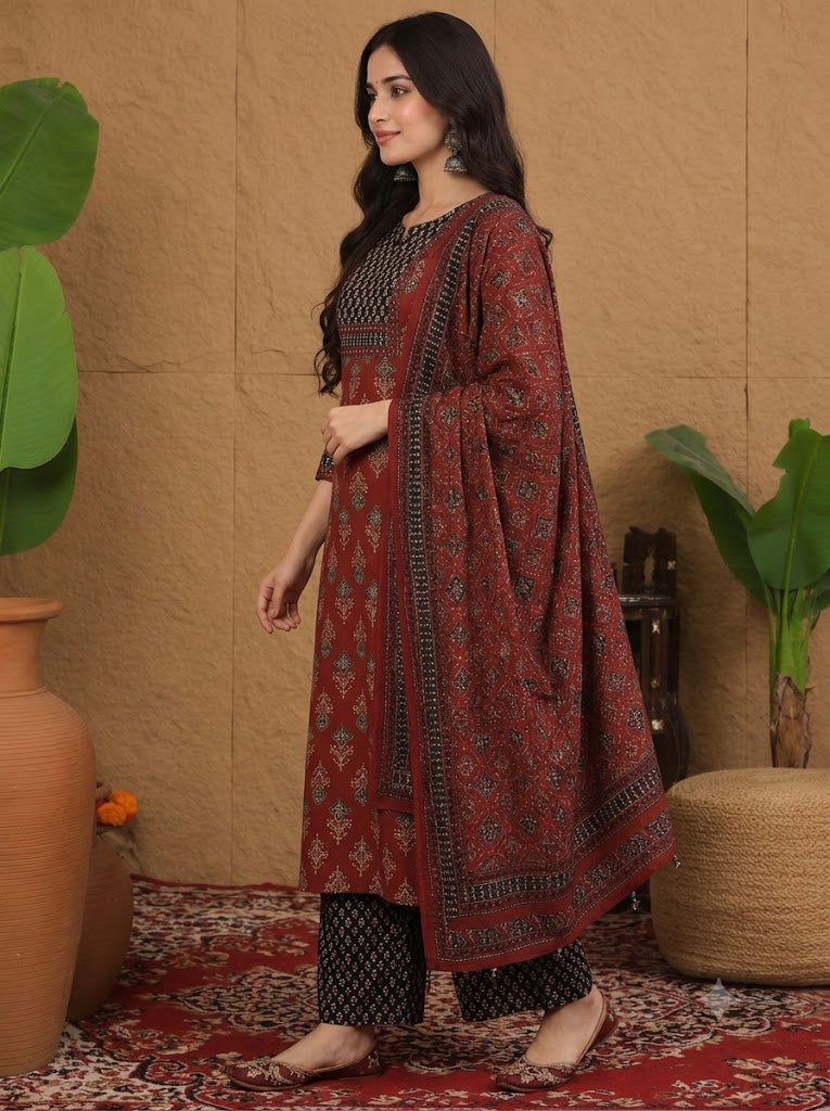 Maroon Cotton Ajrakh Print Kurta Set with Palazzo & Dupatta - Nakh Clothing