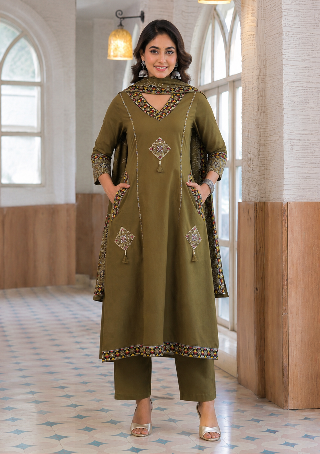 Mehndi Green A-Line Cotton Suit Set with Embroidery & Handwork - Nakh Clothing