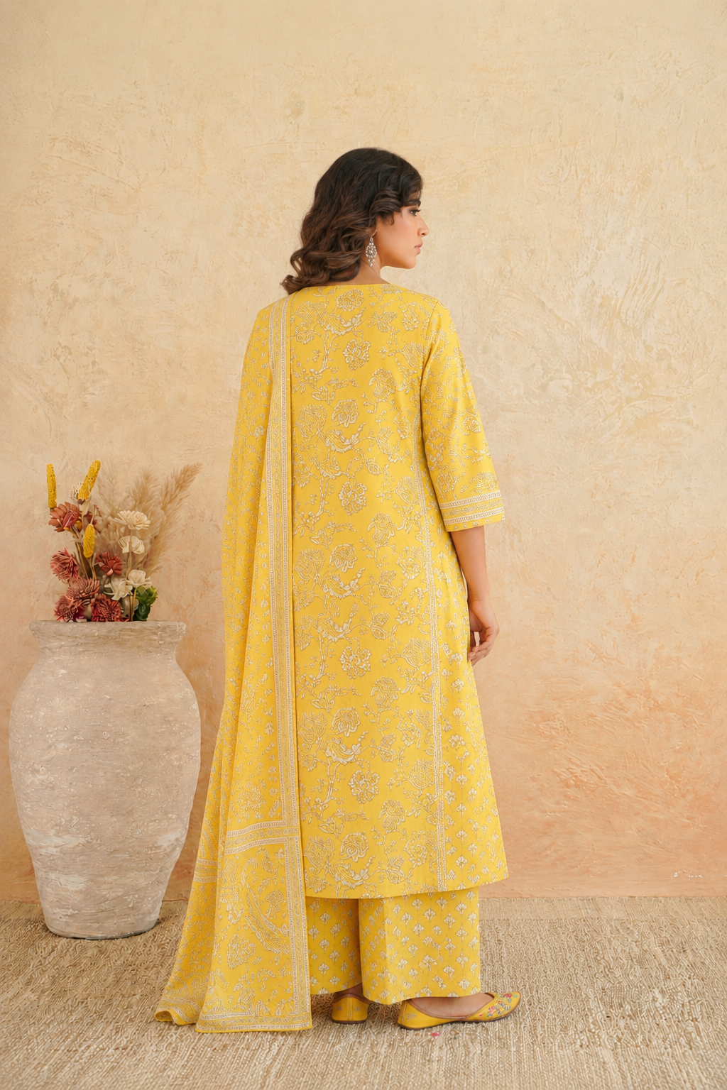 Yellow Floral Cotton Suit Set with Dupatta for Women - Nakh Clothing