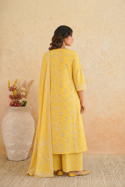 Yellow Floral Cotton Suit Set with Dupatta for Women - Nakh Clothing