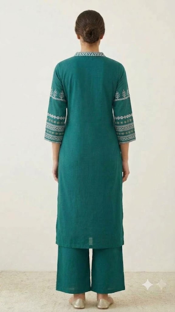 Women's Green Cotton Kurta Palazzo Set with Embroidery & Dupatta | Festive & Everyday Wear for Women