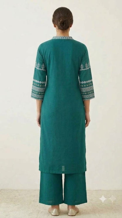 Women's Green Cotton Kurta Palazzo Set with Embroidery & Dupatta | Festive & Everyday Wear for Women