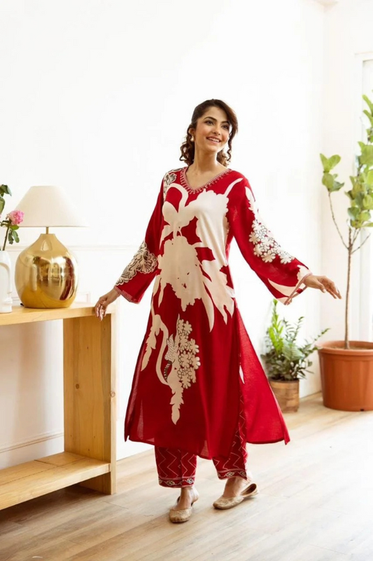 Red German Rayon Kurta Set with Palazzo for Women - Nakh Clothing