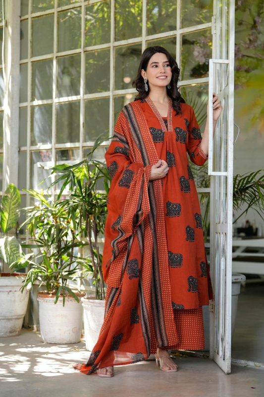 Premium Brick Red Elephant Print Cotton Suit Set with Hand Embroidery & Dupatta – Ethnic Grace for Everyday Elegance