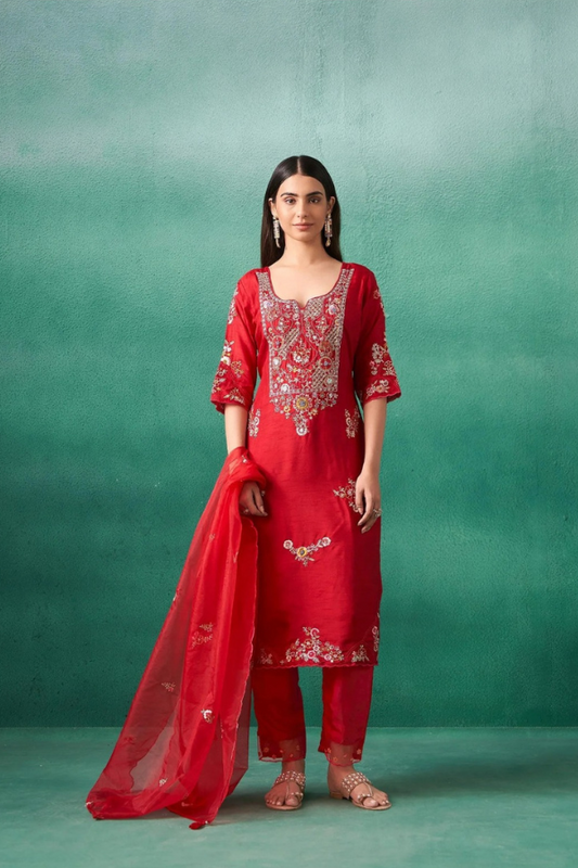 Red Dola Silk Partywear 3PC Set | Embroidered Kurta, Pants & Organza Dupatta