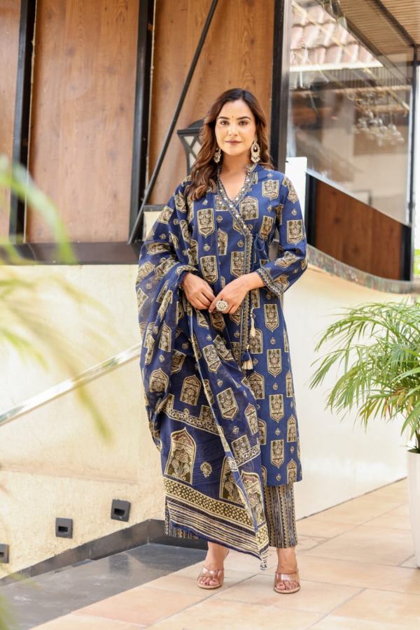 Navy Blue Angrakha Flared Suit Set | Pure Cotton Gotta Work with Tassels