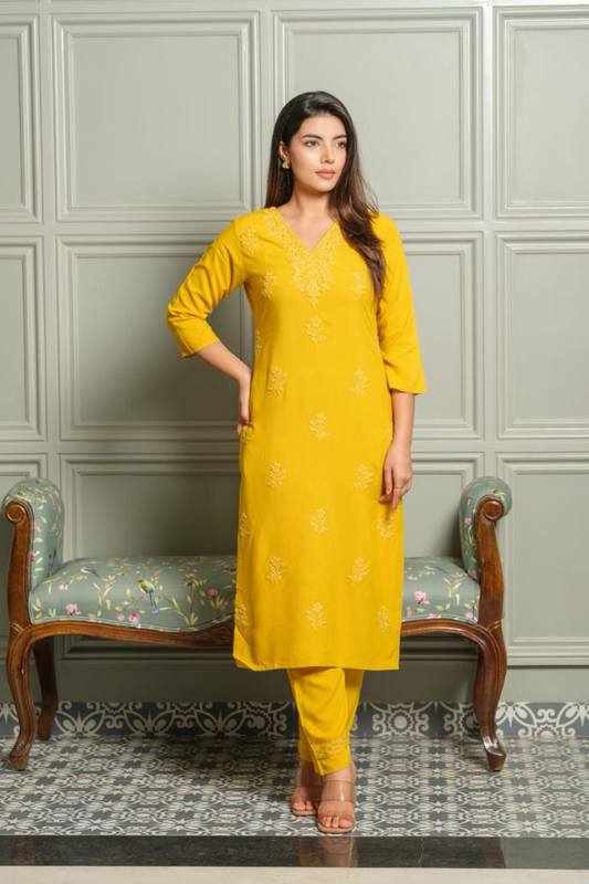 Mustard Chikankari Rayon 2-Piece Set | Embroidered Kurta with Crochet Lace Palazzo