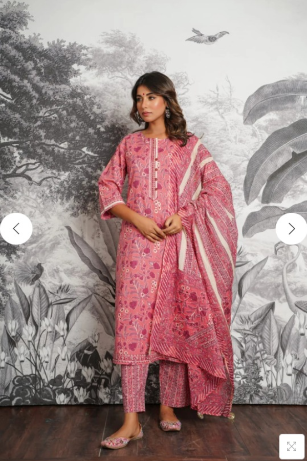 Pink Floral Printed Cotton Kurta Set with Dupatta – Elegant Summer Ethnic Suit for Women