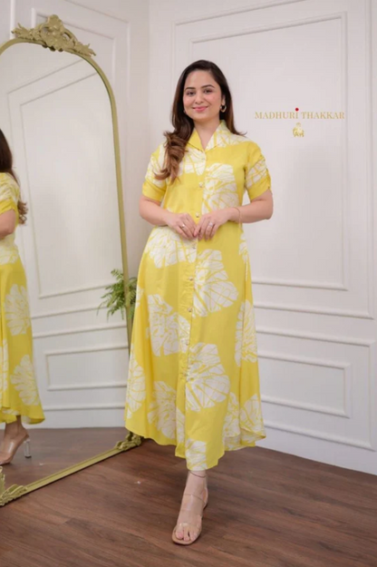 Yellow Cotton A-Line Dress with Leaf Print – Casual Ethnic Summer Wear for Women