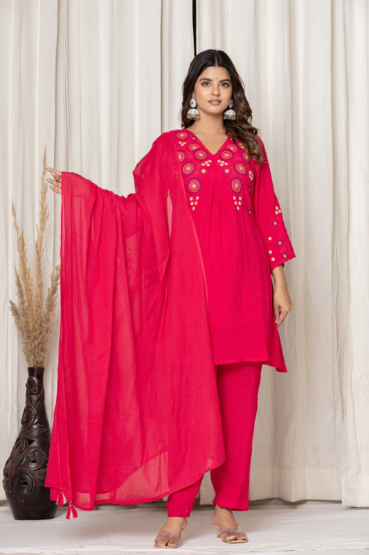 Festive Party Wear Kurta Set with Dupatta | Pure Mul Chanderi with Hand Embroidery