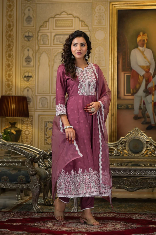 Purple Dola Silk Anarkali Suit Set with Exquisite Embroidery – Elegant Ethnic Wear for Women - Nakh Clothing