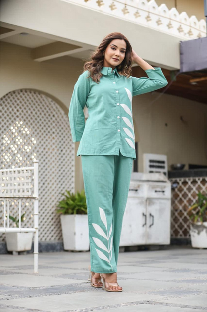 Mint Green Embroidered Cotton Flex Co-ord Set with Collared Shirt & Plazzo – Nakh - Nakh Clothing