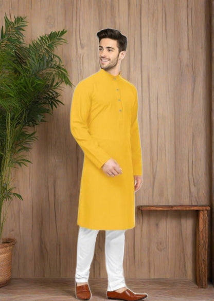 Men Yellow Ethnic Cotton Kurta