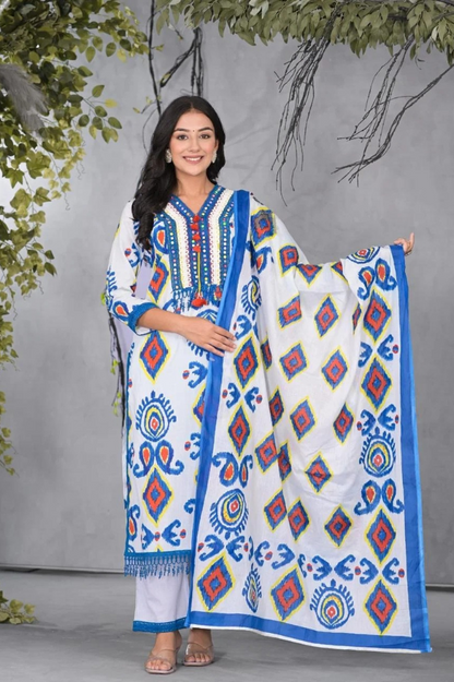 Blue & White Cotton Ikkat 3-Piece Suit Set | Handwork Kurta with Dupatta & Palazzo