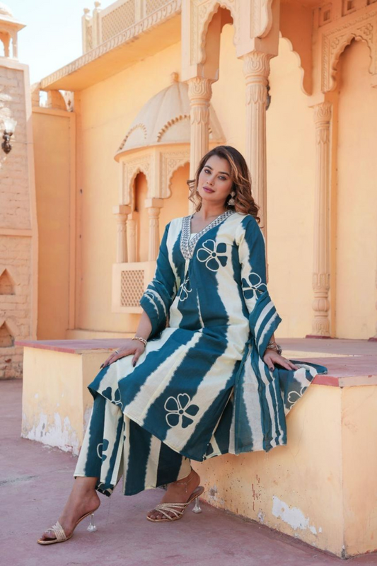 Blue & White Hand-Embroidered A-Line Cotton Suit Set | Elegant Ethnic Wear