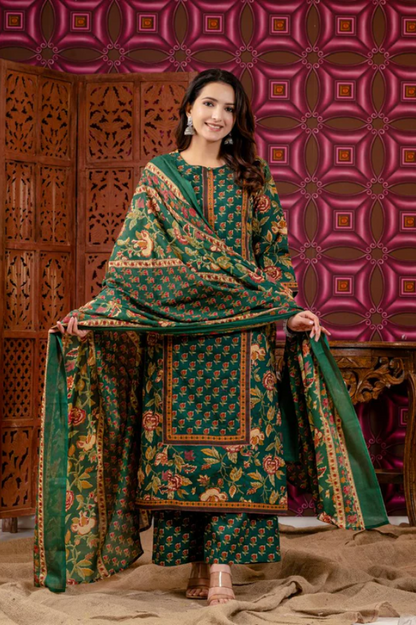 Green Cotton Floral Handblock Print Kurta Set for Women – Straight Kurta with Pant