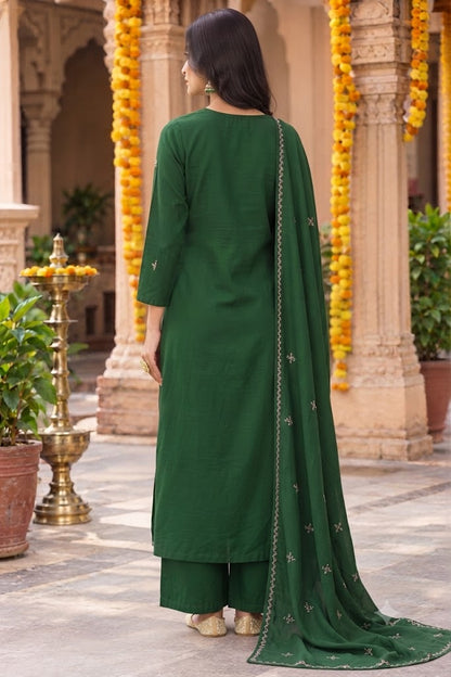 Green Mul Chanderi A-Line 3-Piece Set with Embroidery & Handwork Kurta