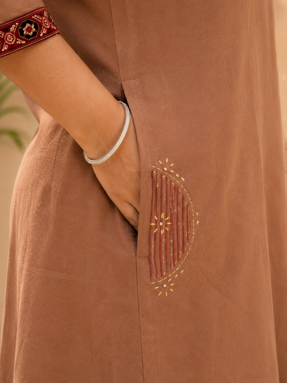 Beige Dabu Cotton Handblock Print 3 Piece Suit Set for Women - Nakh Clothing